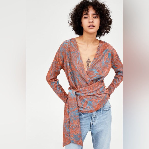 Zara Trafaluc Shimmer Wrap Top in Rust and Teal - Picture 1 of 12